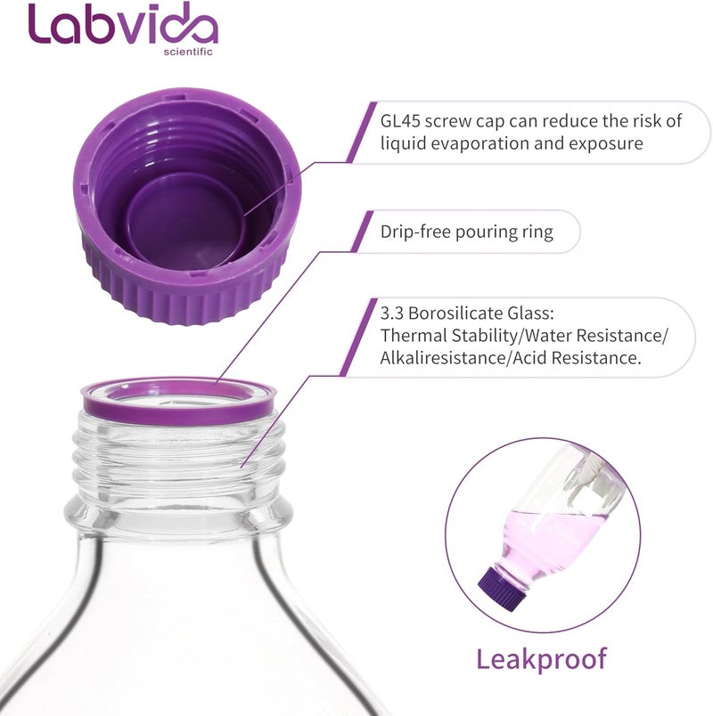 Labvida Glass Round Media Storage Bottles, Vol.2000ml, 3.3 Borosilicate Glass Material, With GL45 Polypropylene Screw Cap in Purple Color, LVAD009 - Image 3
